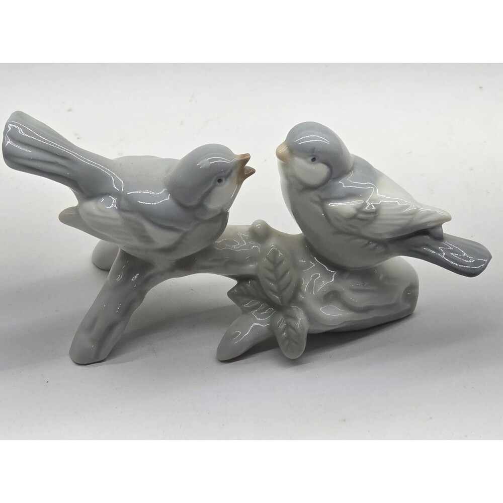 Vintage Figurine Birds On A Branch Muted Blue/Grey White Log OTAGIRL Japan